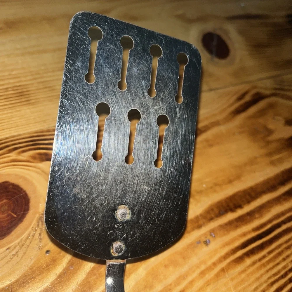 Vintage EKCO Slotted Keyhole Spatula WHITE Handle Chrome Metal Made in USA 12.5